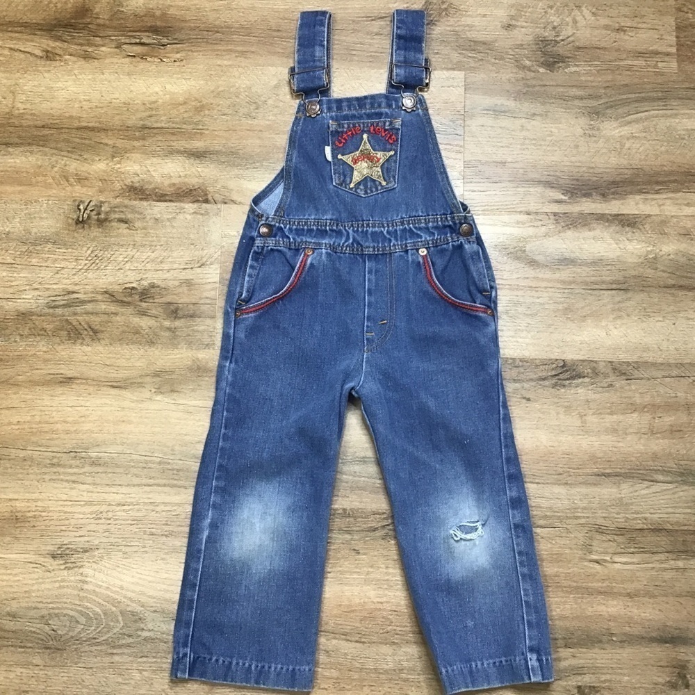 Vtg Levi’s Overalls Size 4T Denim Sheriff Appliqué Distressed Torn Knee Blue